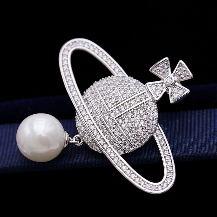 Inlaid Zircon Pearl Globe Brooch Female Planet Pin
