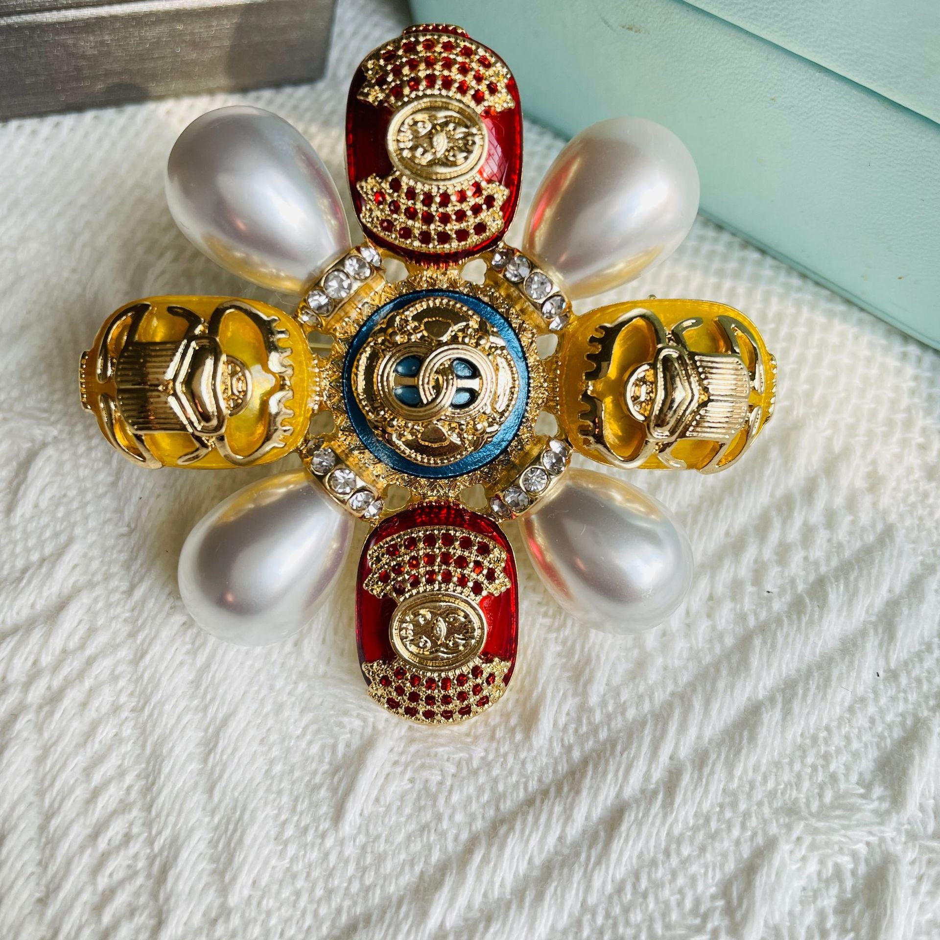 Scarab Brooch Enamel Incense Alloy Pearl Gem Badge