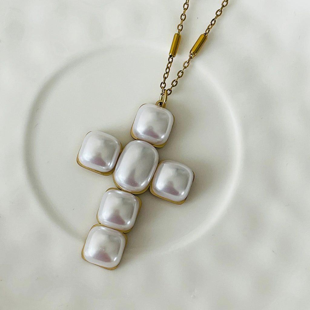 French Cross Pearl Pendant Necklace, Fresh And Simple Fashion Collarbone Chain Women's Stainless Steel Sweater Chain