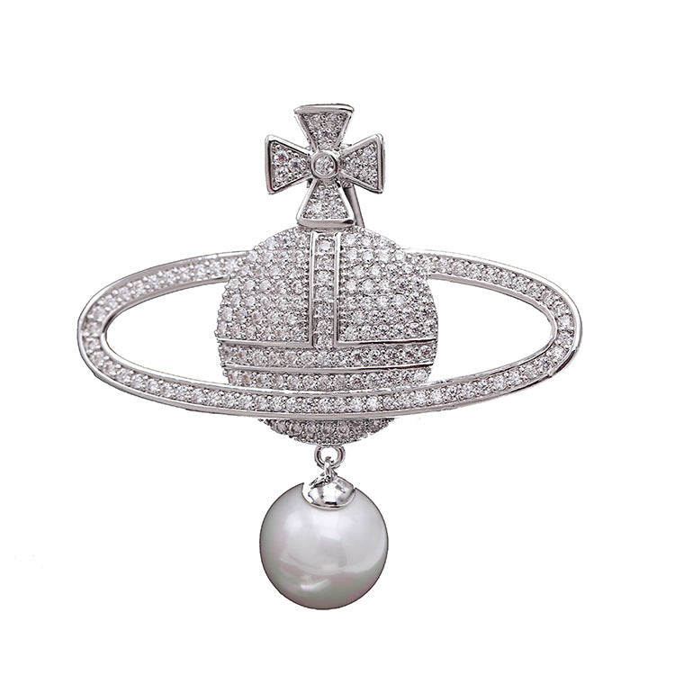 Inlaid Zircon Pearl Globe Brooch Female Planet Pin