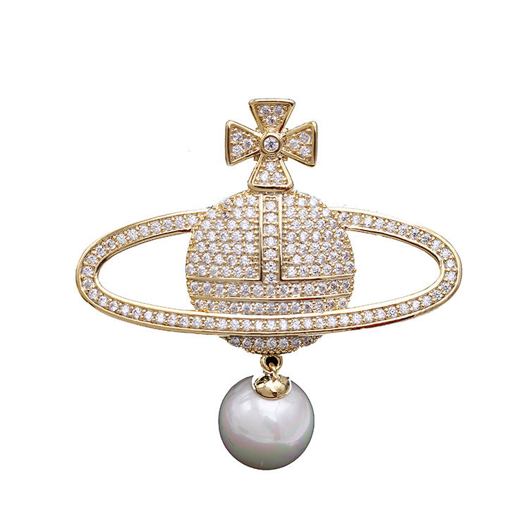 Inlaid Zircon Pearl Globe Brooch Female Planet Pin