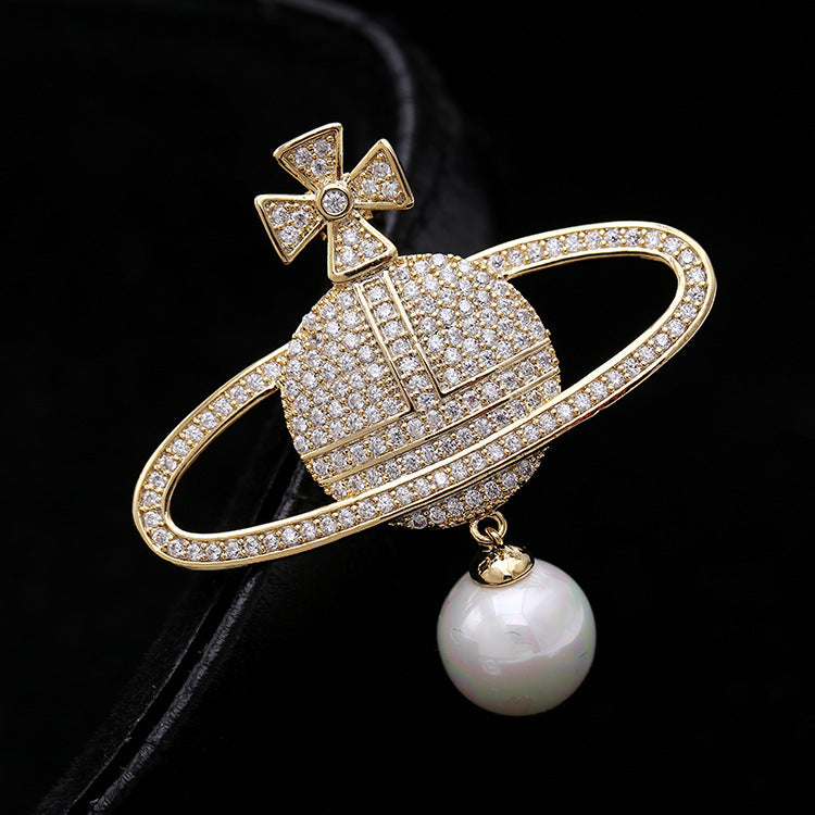 Inlaid Zircon Pearl Globe Brooch Female Planet Pin