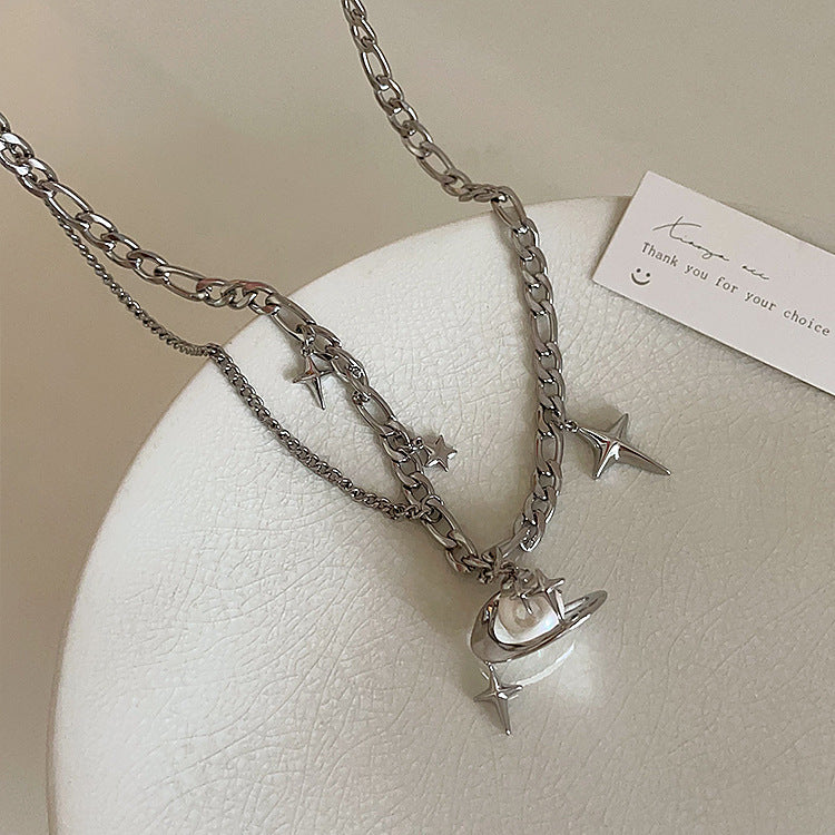 Design Sense Niche Retro Personality All Match Graceful And Fashionable Fairy Pearl Planet Necklace For Women