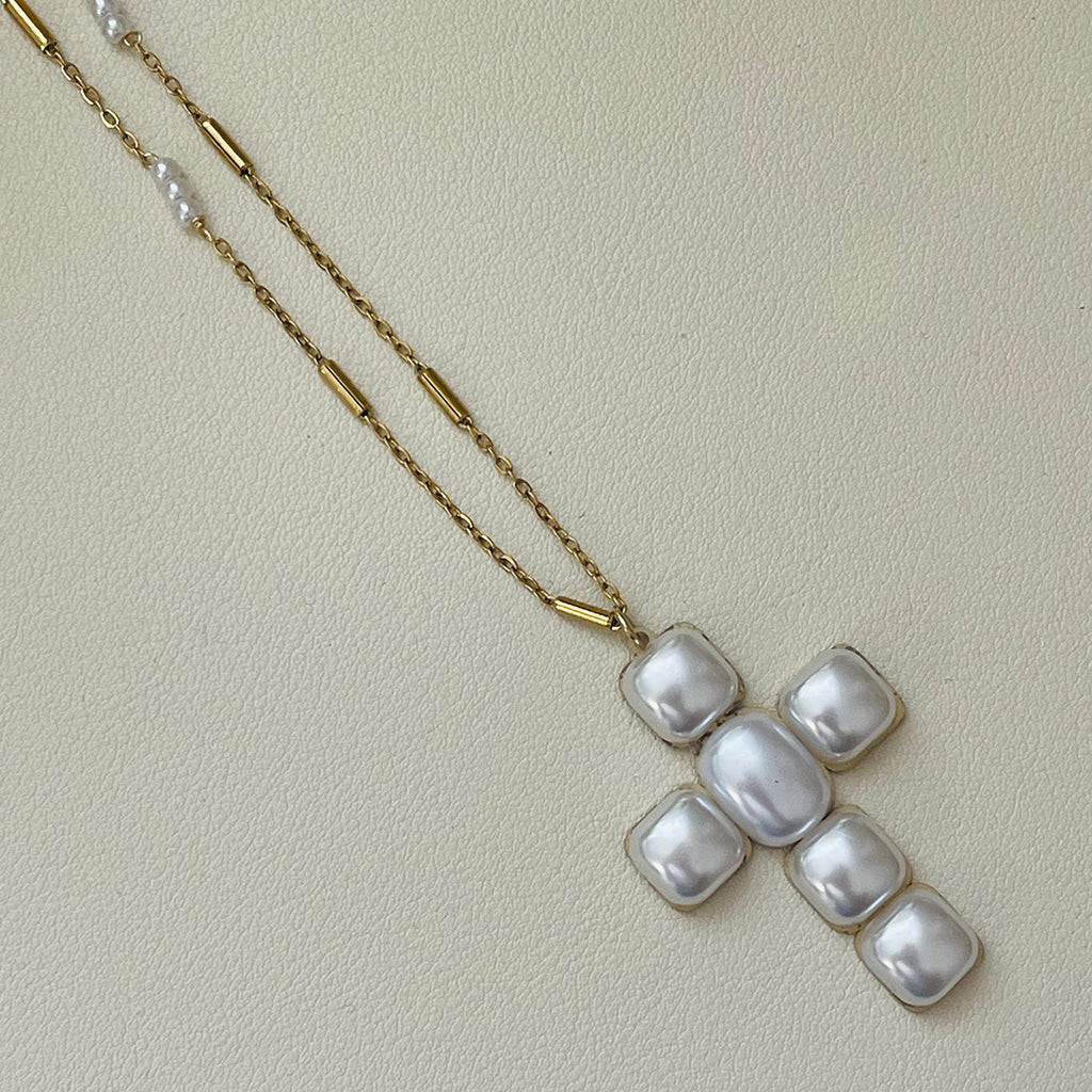 French Cross Pearl Pendant Necklace, Fresh And Simple Fashion Collarbone Chain Women's Stainless Steel Sweater Chain