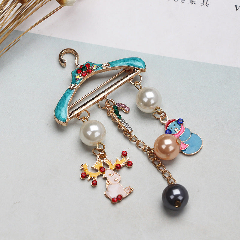 Christmas Snowman Cane Rhinestone Pearl Brooch