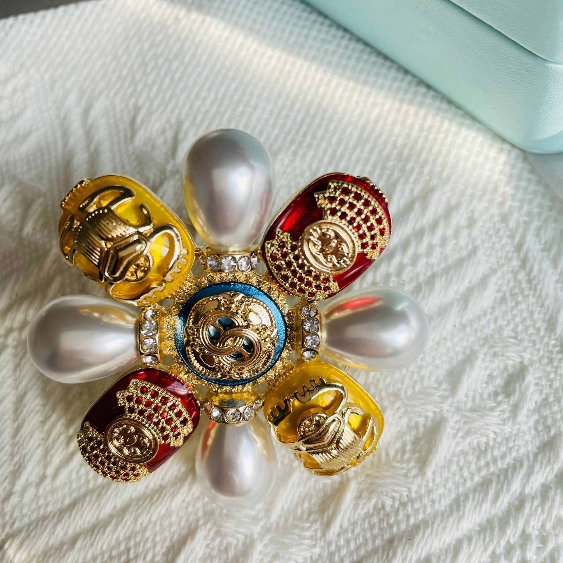 Scarab Brooch Enamel Incense Alloy Pearl Gem Badge