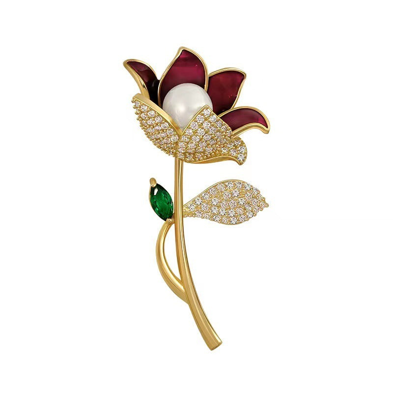 Tulip Brooch Female Flower Pearl High-grade Enamel Brooch
