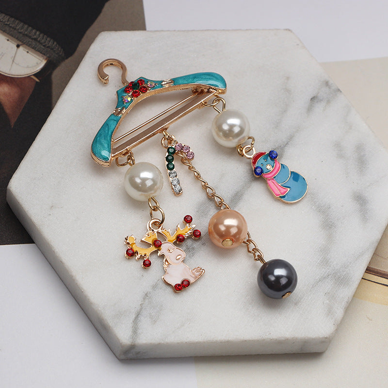 Christmas Snowman Cane Rhinestone Pearl Brooch