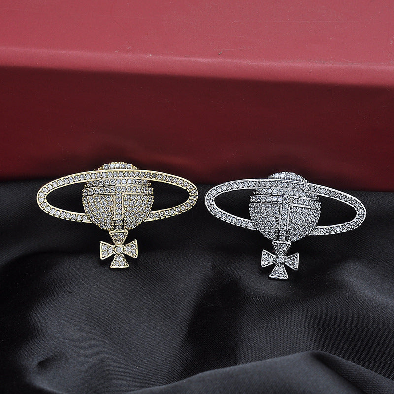 Inlaid Zircon Pearl Globe Brooch Female Planet Pin