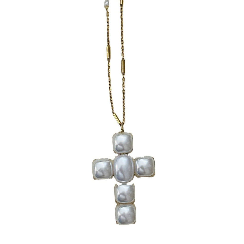French Cross Pearl Pendant Necklace, Fresh And Simple Fashion Collarbone Chain Women's Stainless Steel Sweater Chain