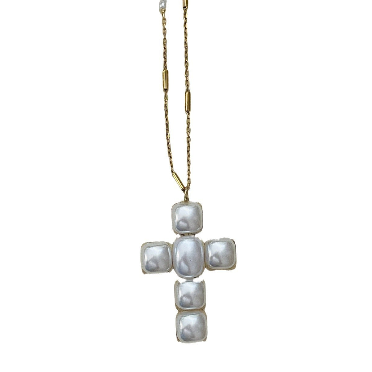 French Cross Pearl Pendant Necklace, Fresh And Simple Fashion Collarbone Chain Women's Stainless Steel Sweater Chain