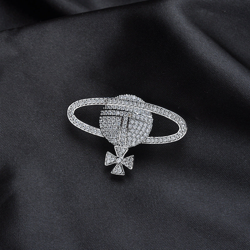Inlaid Zircon Pearl Globe Brooch Female Planet Pin