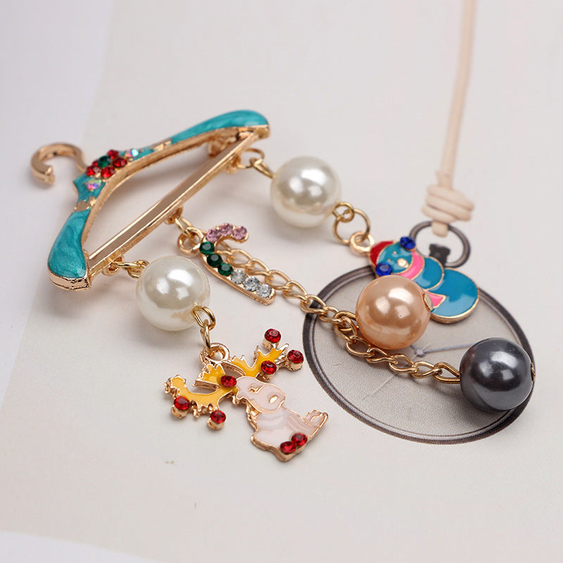 Christmas Snowman Cane Rhinestone Pearl Brooch